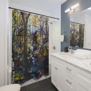 Stained Glass Forest Stream Shower Curtain | Woodland Landscape Bathroom Decor
