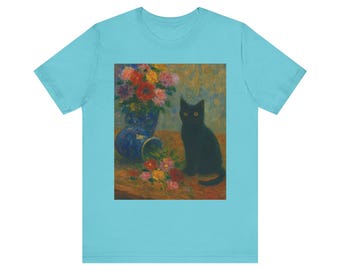 Black Cat Monet Art Unisex Tee, Floral Vase Design
