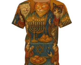 May include: A short-sleeved t-shirt featuring a whimsical illustration of cats celebrating Hanukkah. The design includes a menorah, Star of David, and various food items. The cats are depicted in colorful robes and hats, with a warm, inviting color palette.