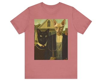 Catmerican Gothic Tee, Black Hairless Cat Shirt, American Farm Parody