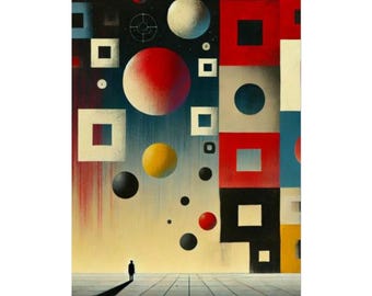 Puede incluir: Impresión artística abstracta que presenta una figura solitaria de pie sobre un suelo embaldosado, mirando hacia arriba a esferas flotantes y formas geométricas. La paleta de colores incluye rojo, amarillo, negro y blanco sobre un fondo degradado. La obra tiene una cualidad surrealista y onírica.