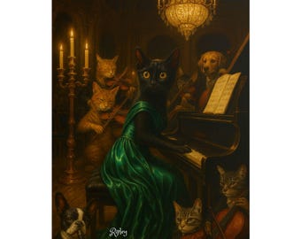 Whimsical Piano Cat Poster | Orchestra Cats & Dogs Wall Art
