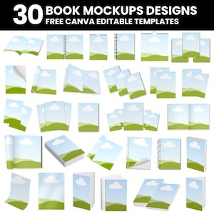 Puede incluir: Una colección de 30 maquetas de libros en varios diseños, incluyendo libros abiertos, cuadernos de espiral y páginas apiladas. Cada maqueta presenta una escena de paisaje con cielo azul, nubes blancas y colinas verdes. El texto "30 BOOK MOCKUPS DESIGNS FREE CANVA EDITABLE TEMPLATES" está en la parte superior.