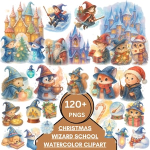 May include: Watercolor clipart set featuring whimsical wizard school and Christmas themes. Includes illustrations of wizards, castles, animals, and holiday elements. The image includes text that reads "120+ PNGs" and "CHRISTMAS WIZARD SCHOOL WATERCOLOR CLIPART".