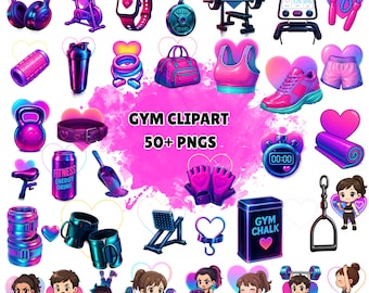 Neon Gym Clipart Bundle | Kawaii Fitness PNGs (Digital Download)