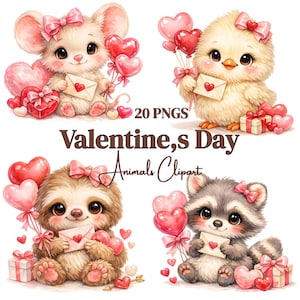 Pode incluir: Ilustração digital com quatro animais adoráveis: um rato, um pintinho, uma preguiça e um guaxinim. Cada animal segura balões em forma de coração e um envelope com um coração. Inclui o texto "Valentine's Day Animals Clipart."