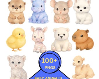 Watercolor Baby Animals Clipart PNG Bundle | 100+ PNG | Transparent Background | Digital Download