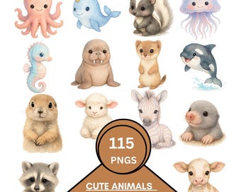Watercolor Animals Clipart Bundle | 115 PNGs | Animal Stickers | Nursery Art PNG | Digital Download