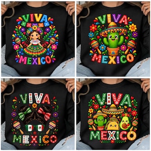 Pode incluir: Uma camisola preta com quatro designs gr&aacute;ficos distintos com o texto VIVA MEXICO. Os designs incluem uma rapariga com um vestido tradicional, um cato com um sombrero, uma pessoa com la&ccedil;os no cabelo e &oacute;culos, e um taco com um cato.