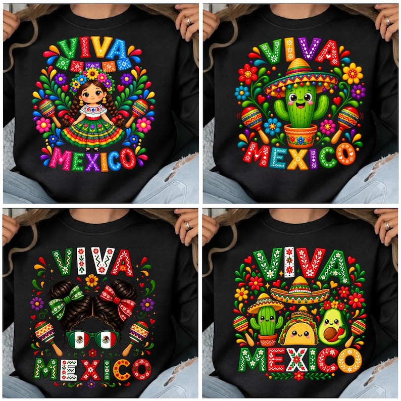 Pode incluir: Uma camisola preta com quatro designs gr&aacute;ficos distintos com o texto VIVA MEXICO. Os designs incluem uma rapariga com um vestido tradicional, um cato com um sombrero, uma pessoa com la&ccedil;os no cabelo e &oacute;culos, e um taco com um cato.