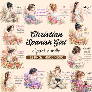 Puede incluir: Un paquete de imágenes prediseñadas digitales con doce ilustraciones de mujeres rodeadas de arreglos florales y mariposas, acompañadas de texto religioso en español. La colección incluye varios peinados y atuendos.