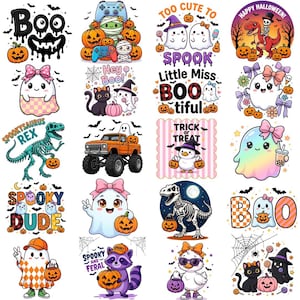 Puede incluir: Una colección de ilustraciones digitales con temática de Halloween que presentan fantasmas, esqueletos, calabazas y animales. Los diseños incluyen textos como Boo, Hey Boo, Little Miss Bootiful, Trick or Treat, Spooky Dude y Spooky and Feral.