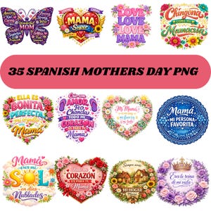 Pode incluir: Uma coleção de 12 designs PNG coloridos para o Dia das Mães. Os designs incluem corações florais, borboletas e outros gráficos com texto como "Mama", "Love" e "Super Mama". O texto "35 Spanish Mothers Day PNG" também está presente.