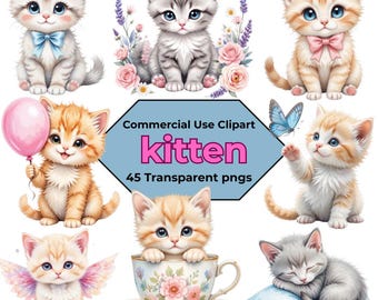 Kawaii Kitten Clipart | 45 Nursery PNG Illustrations (Commercial Use)
