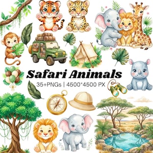 Puede incluir: Una colección digital de ilustraciones con temática de safari que incluye un tigre, leopardo, mono, elefante, león, jirafa y rinoceronte, junto a un jeep verde, una tienda de campaña, una brújula, un sombrero, binoculares y árboles.