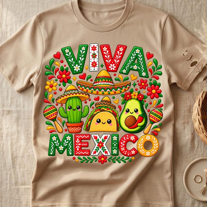 Pode incluir: Uma t-shirt bege com uma impress&atilde;o gr&aacute;fica colorida com o texto VIVA MEXICO. O design inclui um sombrero, um cato sorridente, um taco e um abacate, todos decorados com padr&otilde;es florais vermelhos, verdes e amarelos e maracas.