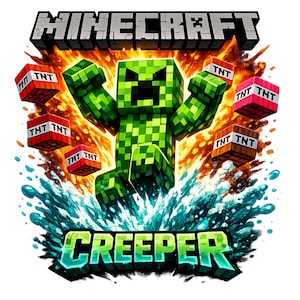 May include: A vibrant graphic featuring the word "Minecraft" above a green Creeper character. The Creeper is surrounded by exploding TNT blocks and water. The word "Creeper" is displayed in a green and blue gradient.