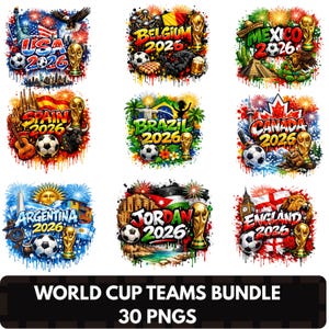 Peut inclure: Ensemble de graphiques numériques colorés avec des ballons de football, des trophées et des symboles nationaux de différents pays. Chaque design comprend l'année "2026" et le nom du pays, comme "Belgique", "Argentine" et "Jordanie". Le texte "WORLD CUP TEAMS BUNDLE" est également présent.