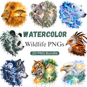 May include: A digital collection of 20 watercolour wildlife PNGs featuring a lion, koala, polar bear, panda, eagle, wolf, tiger, and bald eagle. The text WATERCOLOR Wildlife PNGs 20 PNG Bundle is centred among the various animal illustrations.