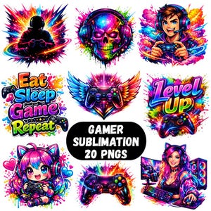May include: A collection of vibrant digital art designs featuring gaming themes. Includes images of gamers, controllers, skulls, and text like "Eat Sleep Game Repeat" and "Level Up." The designs are colorful and dynamic, suitable for sublimation projects.