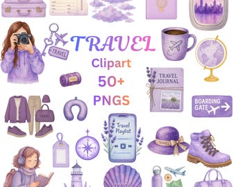 Travel Clipart Bundle | 50+ Watercolor Travel PNG Set for Scrapbooking, Crafts, Stickers & Digital Designs
