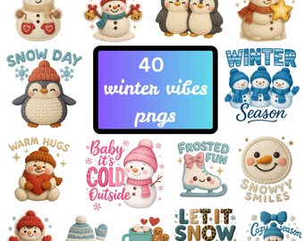 Könnte beinhalten: Eine Sammlung digitaler Grafiken zum Thema Winter. Die Bilder zeigen Schneemänner, Pinguine und Winterphrasen wie "Cozy Hearts", "Jolly Winter" und "Let it Snow". Das zentrale Bild zeigt "40 winter vibes pngs."