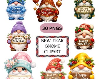 May include: A selection of New Year gnome clipart images. Each gnome is wearing a festive hat and holding a sign that reads "Happy New Year". The gnomes are in various colours and styles, with floral and berry accents.