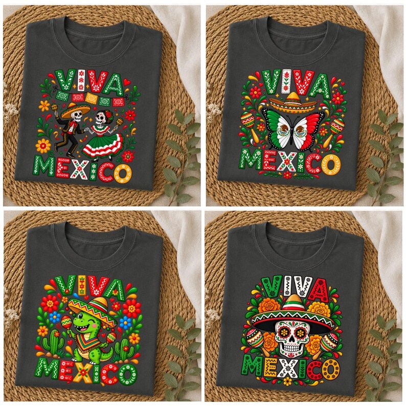 Pode incluir: Uma cole&ccedil;&atilde;o de quatro camisetas cinza-escuras com estampas gr&aacute;ficas coloridas e o texto Viva Mexico. Os designs incluem esqueletos dan&ccedil;antes, uma borboleta com asas da bandeira mexicana, um dinossauro de sombrero e uma caveira decorada.