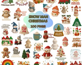 Könnte beinhalten: Eine Sammlung von PNG-Bildern zum Thema Weihnachten mit Schneemännern, Eulen und festlichen Elementen. Die Bilder enthalten Texte wie "Snow Man Christmas", "Merry & Bright" und "Wishing You Christmas Cheer."