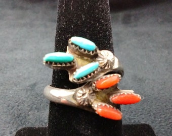 Zuni Needle Point Sterling Turquoise and Coral Ring