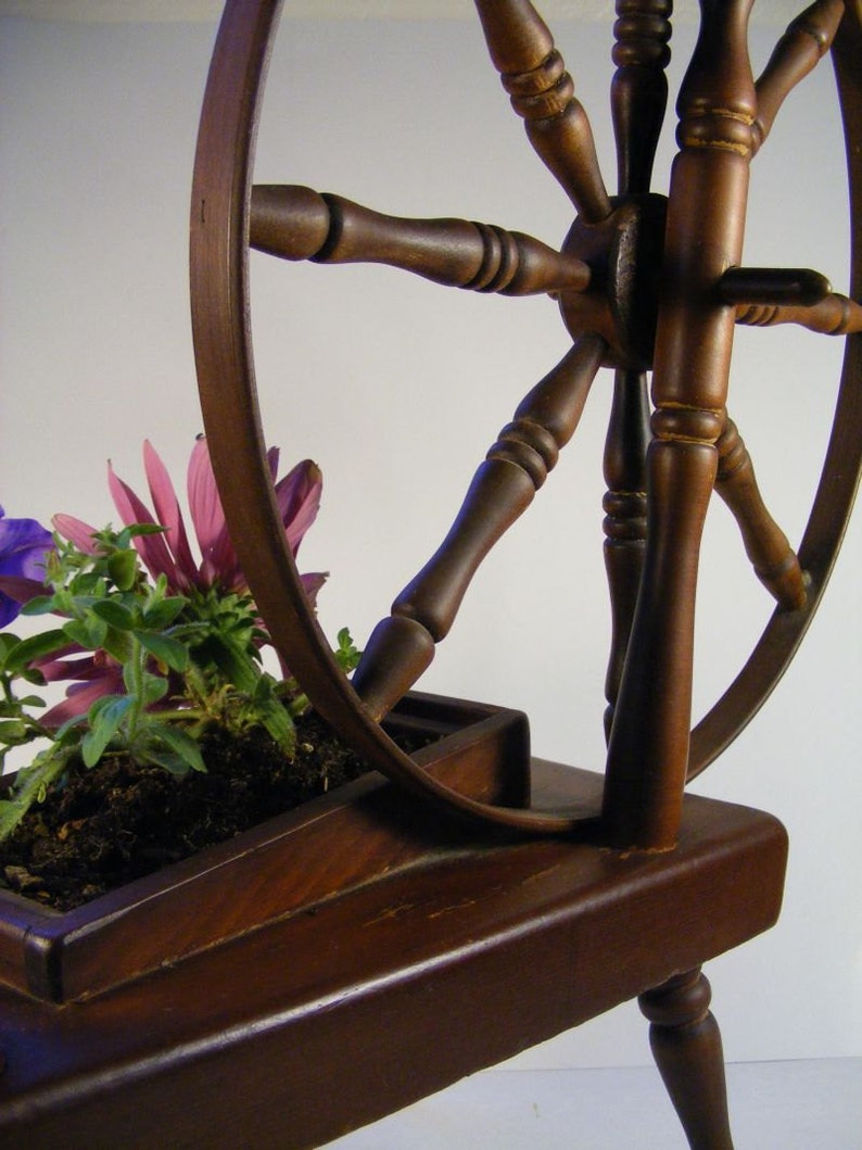 1960s Rustic Wooden Spinning Wheel Planter Etsy