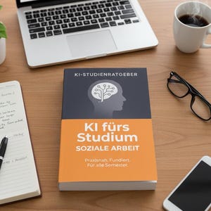 May include: A book titled "KI fürs Studium SOZIALE ARBEIT" with a brain graphic, next to a laptop displaying charts, a cup of coffee, glasses, a notepad, and a smartphone on a wooden desk.