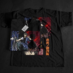 May include: Black graphic t-shirts with anime-style illustrations. One shows a character with a sword, the other a red and black design with Japanese text. Both shirts have a 'LARGE' tag attached.