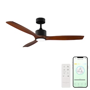May include: A modern ceiling fan with three wooden blades and a black motor housing. The fan includes a remote control and a smartphone app interface for operation. The blades span approximately 52 inches.