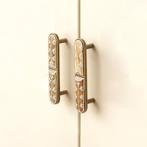 May include: Two cabinet pulls with a decorative design. The pulls have a rectangular shape with rounded ends and are made of a gold-coloured metal. The centre of each pull features a brown and white floral pattern.
