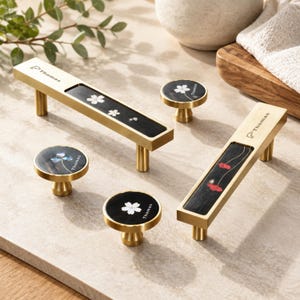 Brass Wood Cabinet Pull: Natural Shell Handles, Flower Drawer Knob