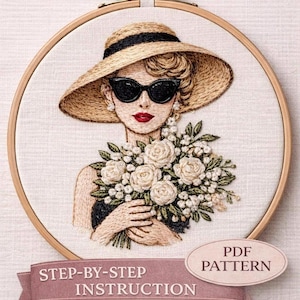 Modern borduurontwerp borduurpatroon PDF | Zelfstudie bloemenportret handborduurwerk | | Geschikt voor beginners Digital Classy woman Vogue