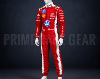 May include: A red racing suit with white side stripes and a high collar, featuring various sponsor logos including HP, Shell, and UniCredit. The suit displays the number 16 and the name Charles with a small flag on the chest, worn by a mannequin.