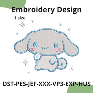 Puede incluir: Un diseño de bordado con un personaje de dibujos animados con orejas grandes, ojos azules y mejillas rosadas. El diseño está delineado en azul y gris, con el texto "Embroidery Design" y "1 size" encima del personaje. Debajo, las letras "DST-PES-JEF-XXX-VP3-EXP-HUS".