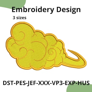 Può includere: Design di ricamo a nuvola gialla con il testo "Embroidery Design" e "3 sizes". Il design include il testo "DST-PES-JEF-XXX-VP3-EXP-HUS".