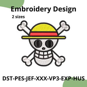 Könnte beinhalten: Ein Stickdesign mit einem Totenkopf mit gekreuzten Knochen, der einen gelben Hut mit rotem Band trägt. Das Design ist in Schwarz und Weiß umrandet. Der Text "Embroidery Design" und "2 sizes" sind angezeigt.