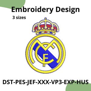 May include: An embroidery design featuring a gold emblem with a crown and the letters "MCF" in a circle, with a blue stripe. The text "Embroidery Design" and "3 sizes" are above the emblem. Below the emblem is the text "DST-PES-JEF-XXX-VP3-EXP-HUS".