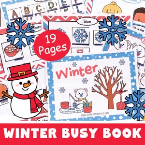 May include: A colorful winter-themed busy book with 19 pages. The cover features a snowman, snowflakes, and a bear fishing. The book includes educational activities with letters, shapes, and winter scenes. The title "Winter Busy Book" is displayed at the bottom.