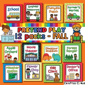 May include: A collection of 12 colorful pretend play packs with various themes, including a school, restaurant, pumpkin patch, and farmer's market. The image features illustrations of a school bus, children, and seasonal elements, with the text "PRETEND PLAY 12 packs - FALL".
