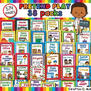May include: A colorful image featuring a collection of 38 pretend play packs. Each pack has a different theme, including a school, movie theater, ice cream shop, and more. The image also includes the text "574 pages" and "Pretend Play".