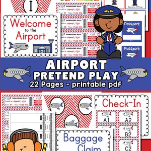 May include: A colorful printable PDF set for airport pretend play. Includes boarding passes, baggage claim, check-in, menus, and character cards. The set features illustrations of airplanes, airport staff, and related items.