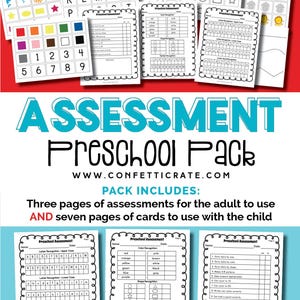 Puede incluir: Un paquete de evaluación preescolar con tarjetas didácticas y hojas de trabajo coloridas. El paquete incluye tarjetas del alfabeto, reconocimiento de números, identificación de colores y formas. El texto de la imagen dice "Assessment Preschool Pack" y "Confetti Crate".