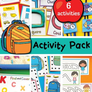 May include: An educational activity pack with colorful illustrations. The image features cards with shapes, colors, and counting activities. A large red apple with the text "6 activities" is in the center. A backpack is also shown.