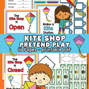 Puede incluir: Un colorido juego imprimible "Kite Shop Pretend Play" de 14 páginas. Incluye horarios de la tienda de cometas, plantillas de tarjetas de crédito, letreros de "abierto" y "cerrado", y dinero de juguete. Presenta ilustraciones de dibujos animados de cometas y niños.