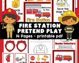 Könnte beinhalten: Ein farbenfrohes, druckbares PDF mit dem Titel "Fire Station Pretend Play" mit 14 Seiten. Das Bild zeigt Illustrationen von Feuerwehrleuten, einer Feuerwache, einem Dalmatiner, Brandschutzausrüstung und Flammen. Der Text enthält "Fire Safety" und "Smoke Detectors".